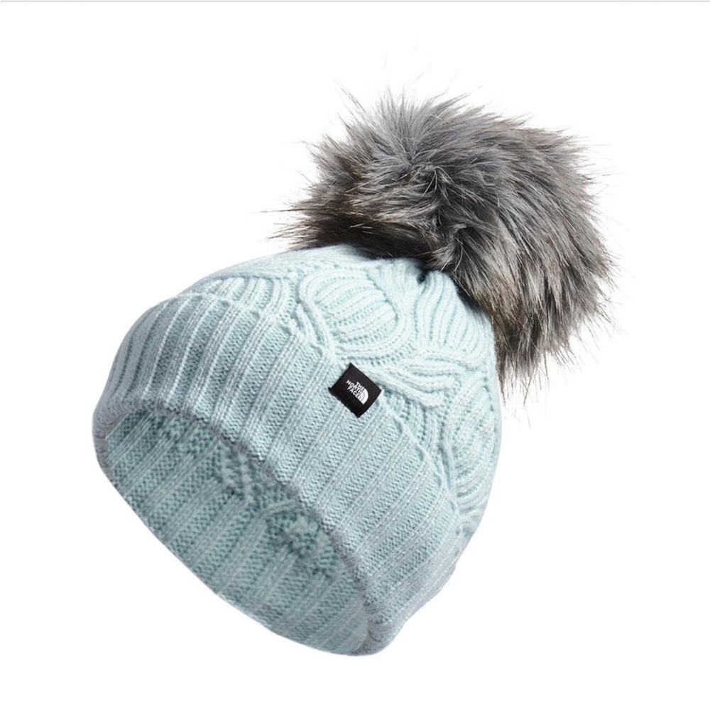 The North Face youth cable knit hat with gray mega pom EUC